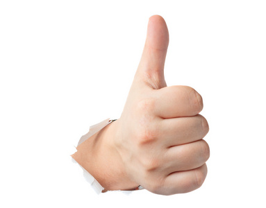 通过拇指显示通过纸张的手势竖起大拇指照片