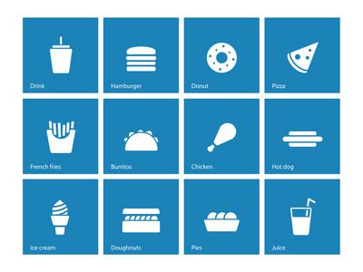 快餐食品在蓝色背景上的图标