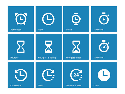 在蓝色背景上的时间和时钟图标