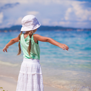 背视图的可爱小女孩传播她的手臂在异国风情的海滩上