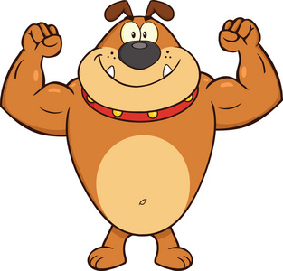 微笑着棕色的牛头犬卡通吉祥物形象展示肌肉武器