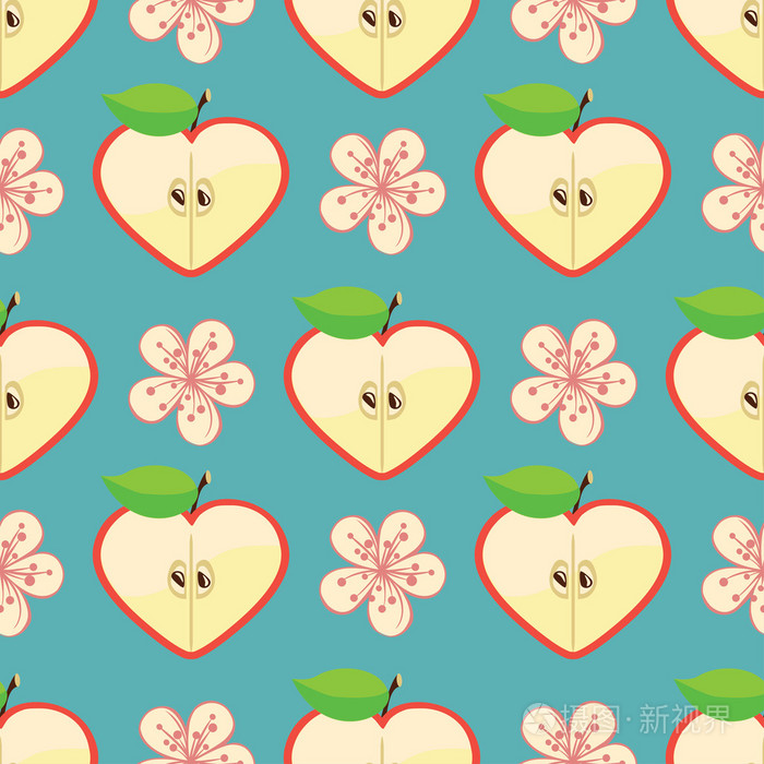 苹果的一半心形状和花在蓝色背景上
