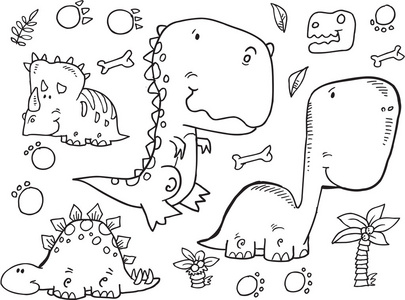 素描脚印恐龙涂鸦素描矢量插图集照片