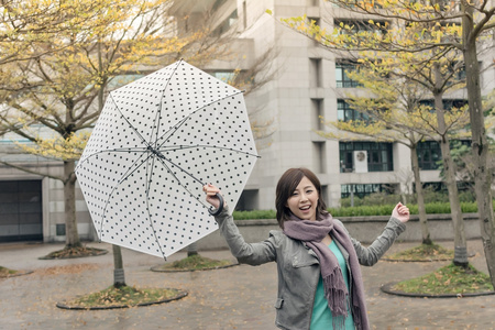 幸福微笑的亚洲女人拿着一把伞