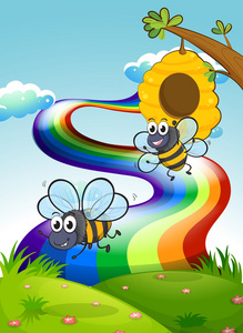 两种蜜蜂在山顶上，天空中的彩虹