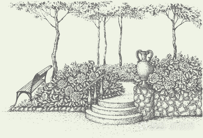 公园的长椅上,由下树在楼梯附近花坛插画-正版商用图片1er8el-摄图新