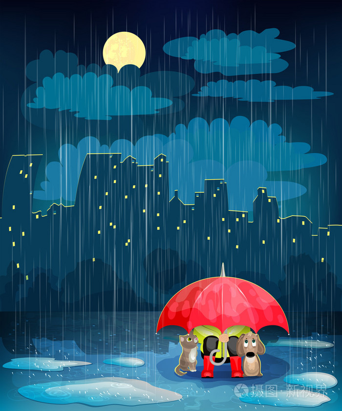 夜晚的城市在伞下的孩子插画-正版商用图片1erbas-摄图新视界