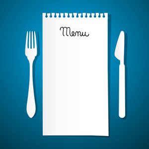 用刀子和叉子在蓝色背景上的纸张餐厅菜单
