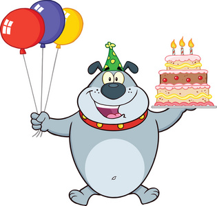 举着蜡烛的生日蛋糕的生日灰色斗牛犬卡通人物