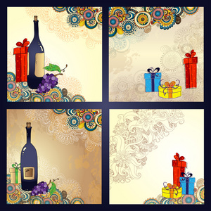 在涂鸦花卉背景上设置的节日贺卡，上面三个蝴蝶结的礼品盒。素描样式