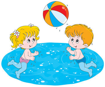 孩子们玩一个球在水中