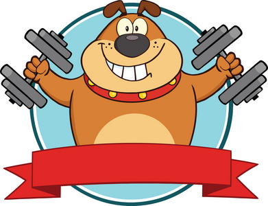 强牛头犬吉祥物棕色的牛头犬与哑铃卡通吉祥物标签照片