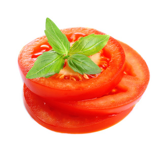 新鲜的番茄罗勒，孤立的白色衬底上的片