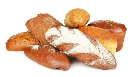 不同类型的面包上白色隔离