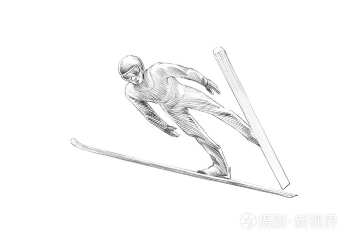 半空中的跳台滑雪运动员的手绘草图铅笔插图