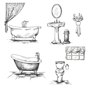 浴室内部的元素.手绘照片