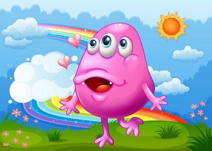 在山顶上，一条彩虹在 th 跳舞快乐粉红色怪物