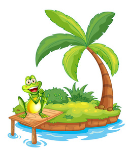 一个岛上，一只青蛙在木制的桥梁之上