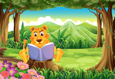 一只老虎坐在上面阅读时树桩