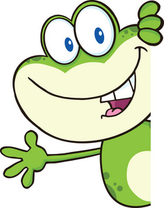 可爱的绿色青蛙卡通人物环顾一个空白的迹象，而且挥舞着