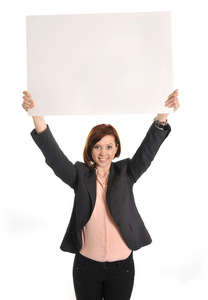 开心的忙事业女人举纸板牌子作为副本空间