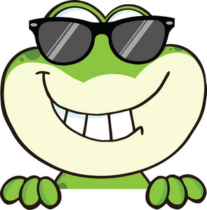 可爱的青蛙带着太阳眼镜卡通人物在空白的标志