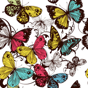矢量无缝壁纸与色彩鲜艳的蝴蝶