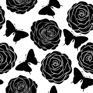 美丽无缝背景单色的黑色和白色蝴蝶与玫瑰