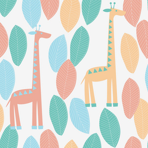 无缝模式用可爱的长颈鹿和树叶图片