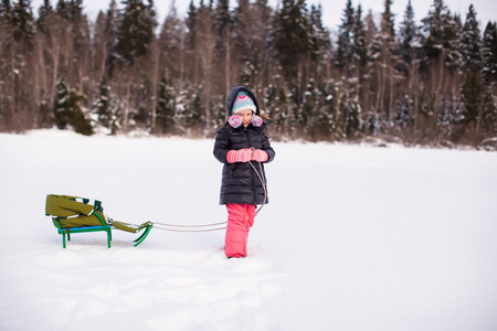 小女孩进行她的雪橇在雪中