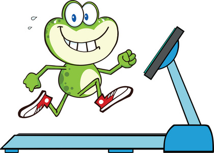 健康绿色的青蛙，跑步机上跑步
