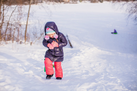 小可爱的快乐女孩享受雪阳光明媚的冬日