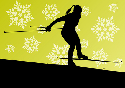 活跃的年轻女人女孩滑雪运动剪影在冬天的冰