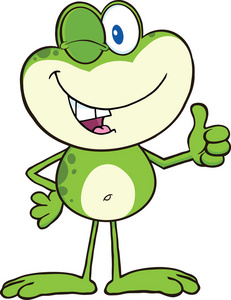 可爱的绿色青蛙卡通人物眨着眼睛,举起拇指照片