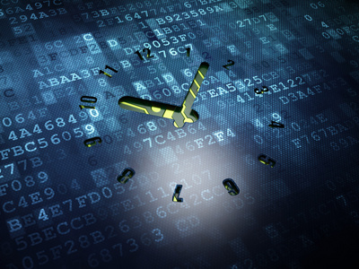 时间轴的概念: 数字屏幕背景上的时钟 照片