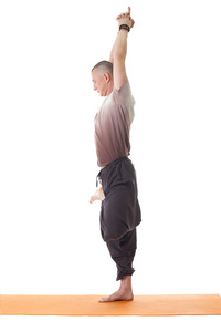 放松的瑜伽男子站在一条腿的侧视图