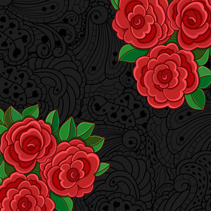 黑色的背景，红玫瑰和树叶
