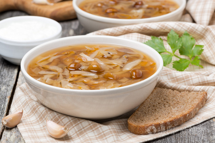 传统的俄罗斯白菜汤卷心菜汤用蘑菇