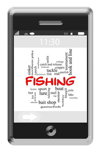 钓鱼在触屏手机上的字云概念图片