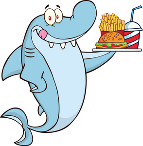 鲨鱼卡通人物拿着一盘汉堡和炸薯条