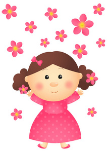粉红色花朵的可爱女孩