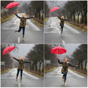 跑步和跳跃在雨中与红伞的女人