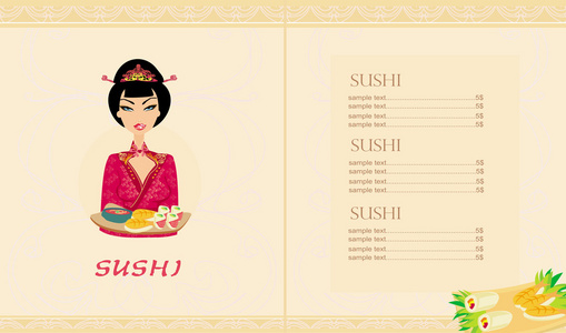 美丽的亚洲女孩享受寿司卡