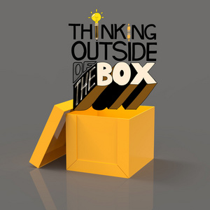 打开框 3d 和设计字思维在盒子外面作为让步