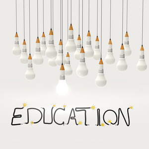 铅笔灯泡 3d 和设计教育词作为概念