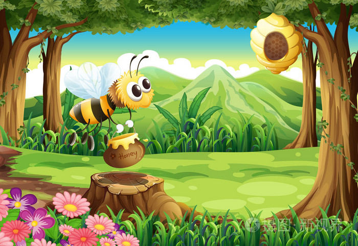 一只蜜蜂，提着一壶蜂蜜在森林