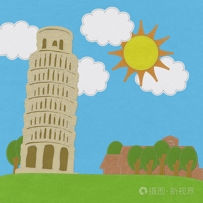 在织物背景上绣风格的比萨斜塔