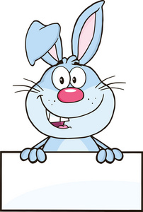 可爱的蓝色兔子卡通吉祥物人物在空白的标志