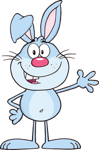 微笑只蓝色的兔子的卡通人物挥手问候