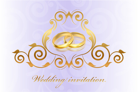 矢量紫色婚礼邀请戴著金戒指